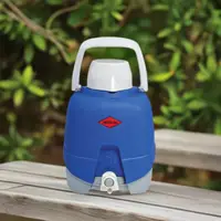 Willow 5L Water Bottle. Blue with a white handle and white lid that acts as a cup with press button tap for easy pouring.