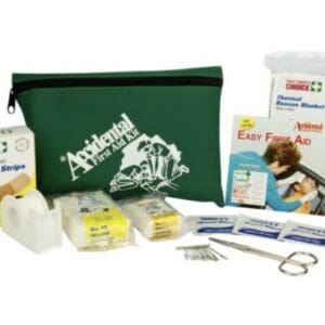 Image of portable personal first aid kit and it's contents with durable green storage pouch.