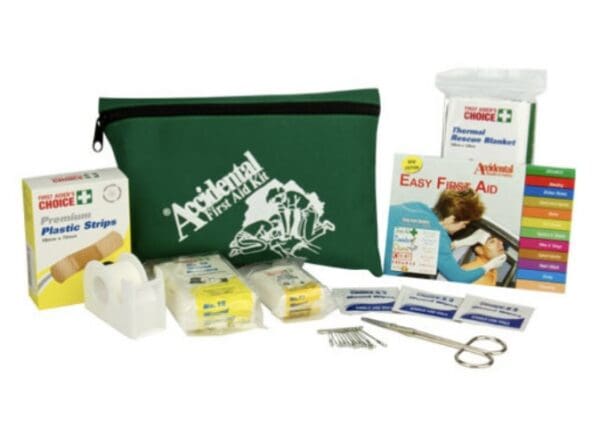 Image of portable personal first aid kit and it's contents with durable green storage pouch.