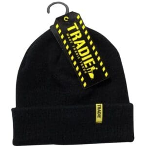 Image of Tradie black acrylic knitted beanie with Yellow Tradie tag on upturned trim