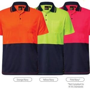 Work Craft Hi Vis Two Tone Polo Shirt w/Pocket WSP201 Orange/Navy, Yellow/Navy; Pink/Navy