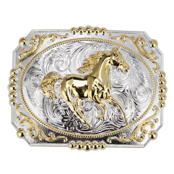 Centrepiece Horse Belt Buckle. A decorative silver rectangular belt buckle with a gold playful foal in the centre surrounded by an oval etched design and gold trim. The ornate markings create a pretty, classy golden western shine belt buckle.