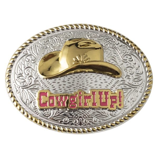 Golden Cowgirl Up! Belt Buckle. Silver oval plate with gold twisted rope design edging, golden cowgirl hat at the centre top with the words CowgirlUp! underneath in pink enamel surrounded by gold for highlight.