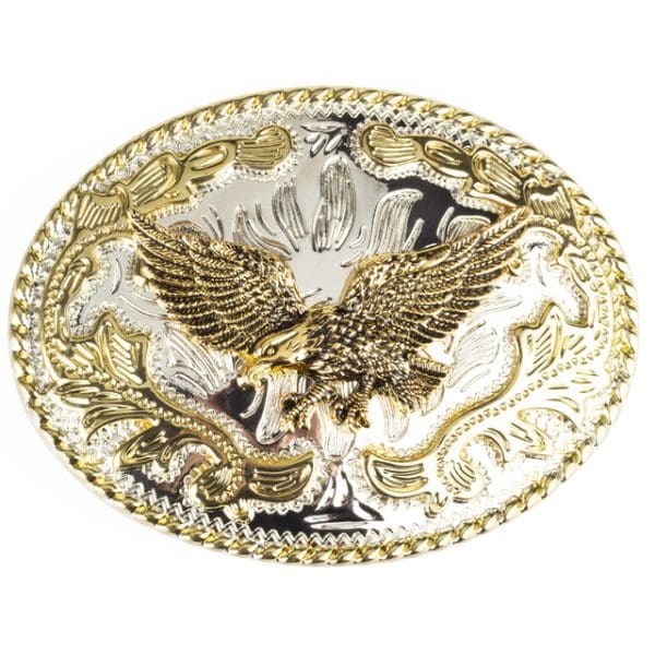 Golden Eagle Belt Buckle featuring a golden eagle in flight against a silver oval shaped plate accented by a golden trim of intricate detail.