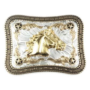 Golden horse head in centre of silver rectangular belt buckle plate with black enamel and gold aztec trim, gold accents and four gold stars set atop black enamel to highlight them. Suited to larger men with a standard width belt up to 40mm.