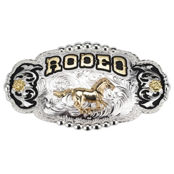 Large oval silver plate belt buckle. This Golden Horse Rodeo Belt Buckle features a golden horse running in the centre with RODEO printed above it in gold surrounded by black enamel to make it pop. There is a floral swirl design prominent at each end with silver, black enamel and a touch of gold. It's a large belt buckle that has a real wow factor.