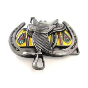 Western Saddle Belt Buckle with silver horse shoes surrounding a silver western saddle with a yellow enamel backdrop serving as a saddle blanket. This is a unique equestrian belt buckle in the western style.