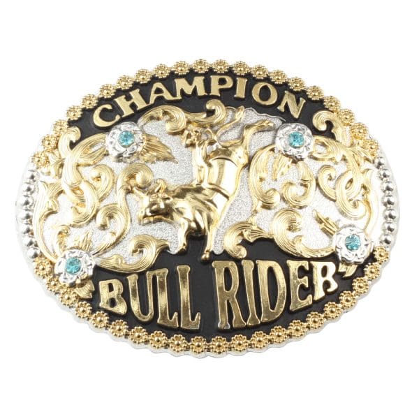 Golden Champion Bull Rider Belt Buckle on Silver Plate with Aquamarine Coloured Gemstones.