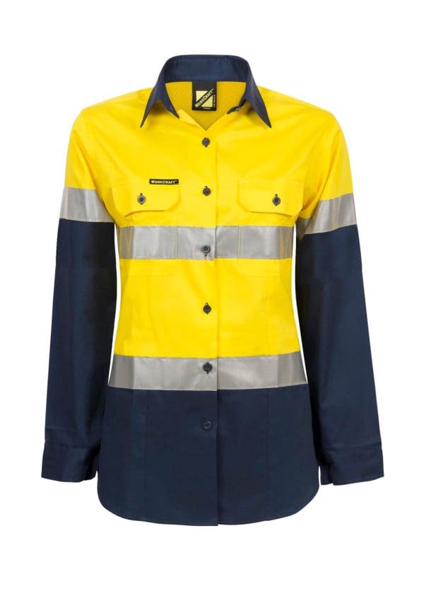 LADIES LIGHTWEIGHT HI VIS LONG SLEEVE VENTED REFLECTIVE COTTON DRILL SHIRT