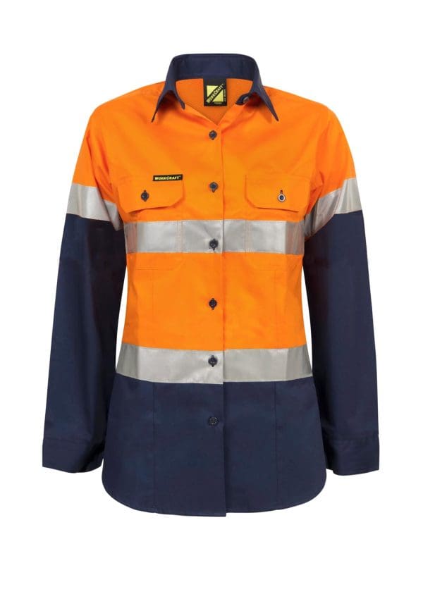 LADIES LIGHTWEIGHT HI VIS LONG SLEEVE VENTED REFLECTIVE COTTON DRILL SHIRT