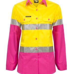 LADIES LIGHTWEIGHT HI VIS LONG SLEEVE VENTED REFLECTIVE COTTON DRILL SHIRT