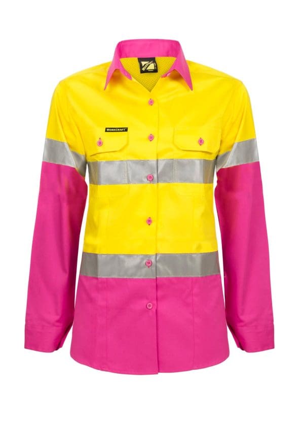 LADIES LIGHTWEIGHT HI VIS LONG SLEEVE VENTED REFLECTIVE COTTON DRILL SHIRT