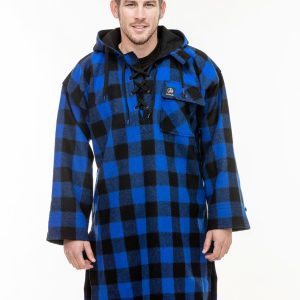 The Original Swannie Bush Shirt with lace up front, large button close front pocket, hood and long length in blue/black check.