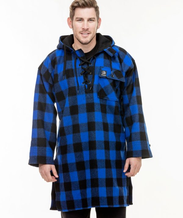 The Original Swannie Bush Shirt with lace up front, large button close front pocket, hood and long length in blue/black check.