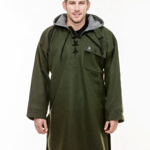 The Original Swannie Bush Shirt with lace up front, large button close front pocket, hood and long length in olive colour. SSD0103