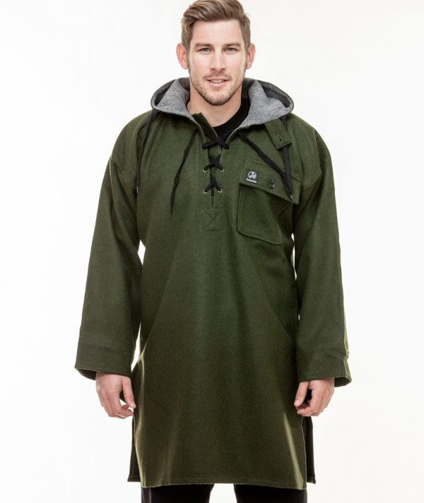 The Original Swannie Bush Shirt with lace up front, large button close front pocket, hood and long length in olive colour. SSD0103