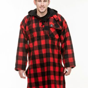 The Original Swannie Bush Shirt with lace up front, large button close front pocket, hood and long length in red/black check colour. SSD0103