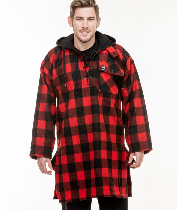 The Original Swannie Bush Shirt with lace up front, large button close front pocket, hood and long length in red/black check colour. SSD0103