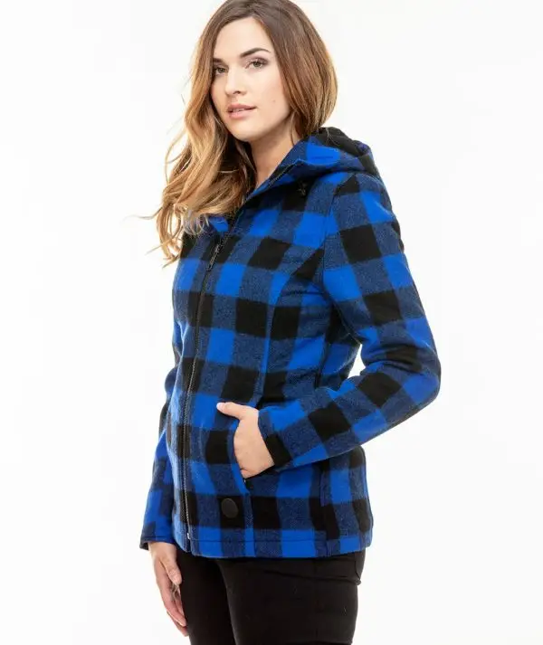 Swanndri Women's Seattle Wool Hoodie in Blue/Black Check. Item number: SW244796W. Order yours from Outback Clothing Co today for the perfect mid-weight jacket and winter warmer.