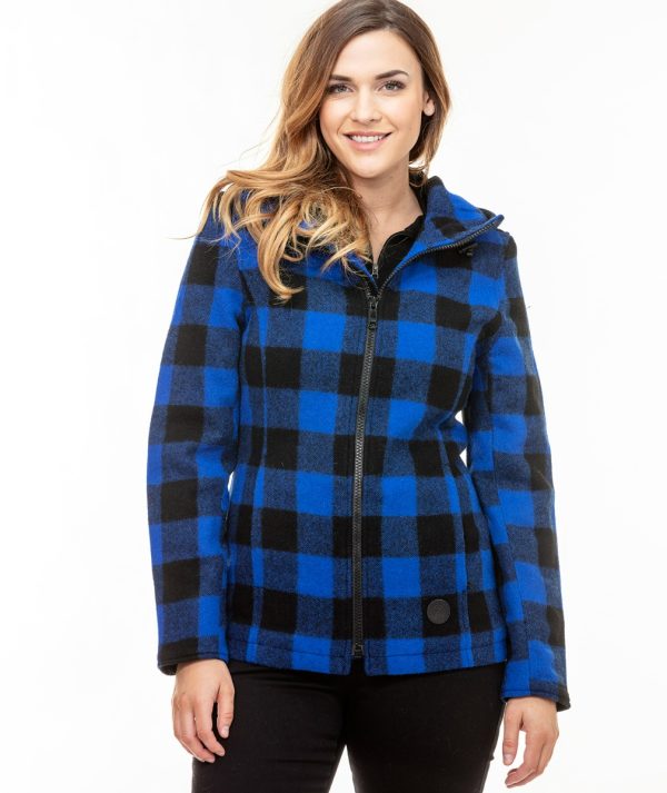 Swanndri Women's Seattle Wool Hoodie in Blue/Black Check. Item number: SW244796W. Order yours from Outback Clothing Co today for the perfect mid-weight jacket and winter warmer.