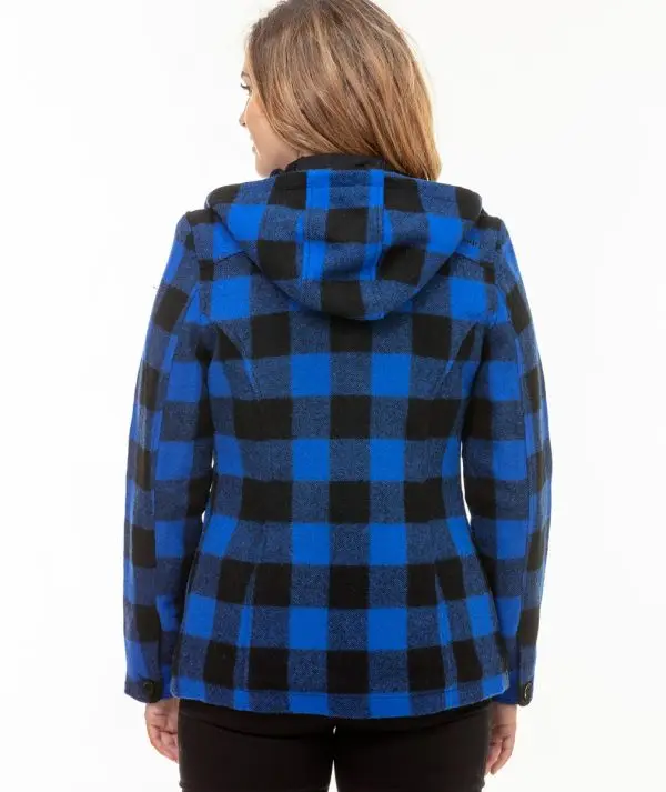 Swanndri Women's Seattle Wool Hoodie in Blue/Black Check. Back view. Item number: SW244796W. Order yours from Outback Clothing Co today for the perfect mid-weight jacket and winter warmer.