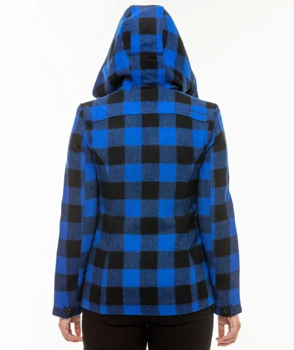 Swanndri Women's Seattle Wool Hoodie in Blue/Black Check. Rear view with hood up. Item number: SW244796W. Order yours from Outback Clothing Co today for the perfect mid-weight jacket and winter warmer.