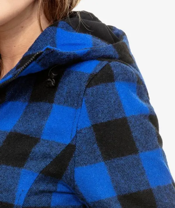 Swanndri Women's Seattle Wool Hoodie in Blue/Black Check. Fabric close up view. Item number: SW244796W. Order yours from Outback Clothing Co today for the perfect mid-weight jacket and winter warmer.