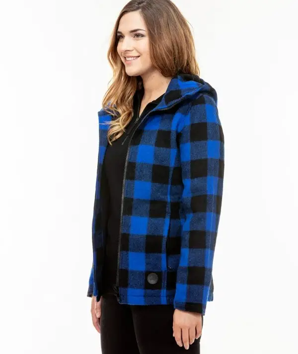 Swanndri Women's Seattle Wool Hoodie in Blue/Black Check. Side view. Item number: SW244796W. Order yours from Outback Clothing Co today for the perfect mid-weight jacket and winter warmer.