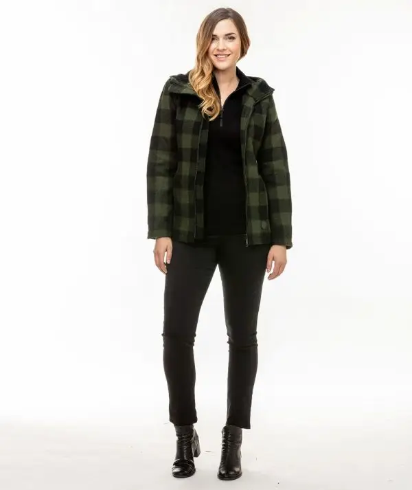 Swanndri Women's Seattle Wool Hoodie in Olive/Black Check. Item number: SW244796W. Order yours from Outback Clothing Co today for the perfect mid-weight jacket and winter warmer.