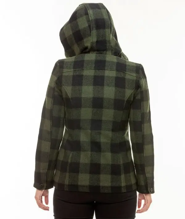 Swanndri Women's Seattle Wool Hoodie in Olive/Black Check. Item number: SW244796W. Order yours from Outback Clothing Co today for the perfect mid-weight jacket and winter warmer.