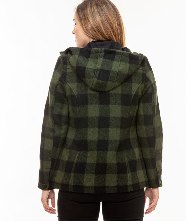 Swanndri Women's Seattle Wool Hoodie in Olive/Black Check. Item number: SW244796W. Order yours from Outback Clothing Co today for the perfect mid-weight jacket and winter warmer.