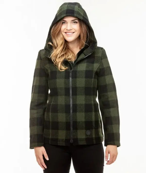 Swanndri Women's Seattle Wool Hoodie in Olive/Black Check. Item number: SW244796W. Order yours from Outback Clothing Co today for the perfect mid-weight jacket and winter warmer.