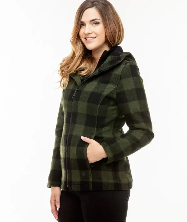 Swanndri Women's Seattle Wool Hoodie in Olive/Black Check. Item number: SW244796W. Order yours from Outback Clothing Co today for the perfect mid-weight jacket and winter warmer.