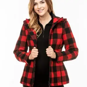 Swanndri Women's Seattle Wool Hoodie in Red/Black Check. Item number: SW244796W. Order yours from Outback Clothing Co today for the perfect mid-weight jacket and winter warmer.