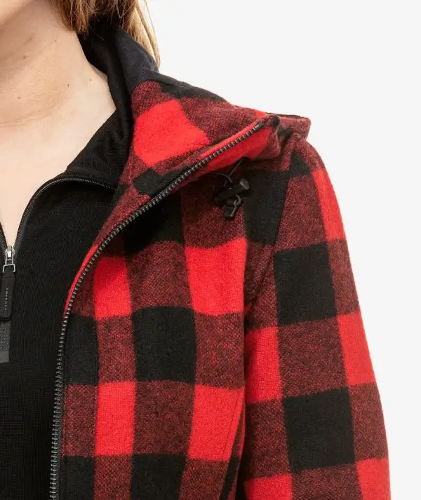 Swanndri Women's Seattle Wool Hoodie in Red/Black Check. Item number: SW244796W. Order yours from Outback Clothing Co today for the perfect mid-weight jacket and winter warmer.