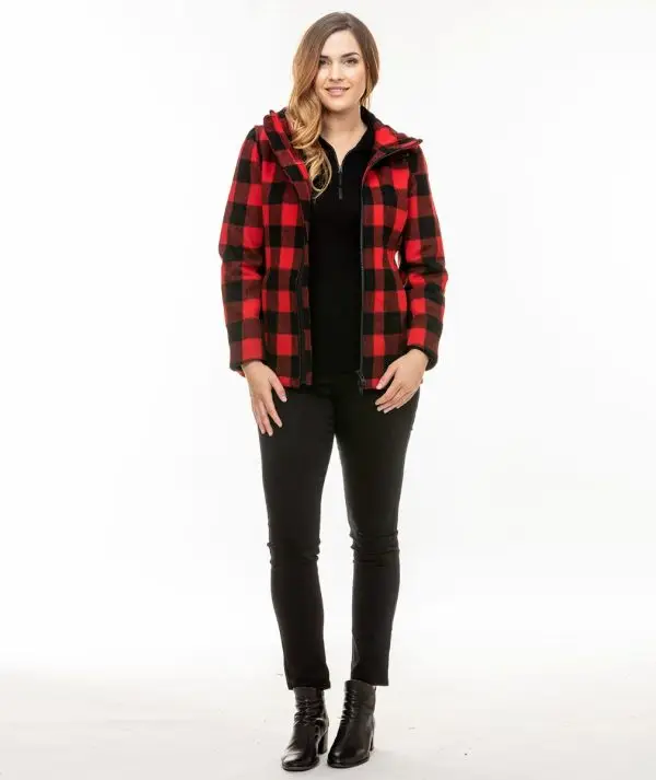 Swanndri Women's Seattle Wool Hoodie in Red/Black Check. Item number: SW244796W. Order yours from Outback Clothing Co today for the perfect mid-weight jacket and winter warmer.