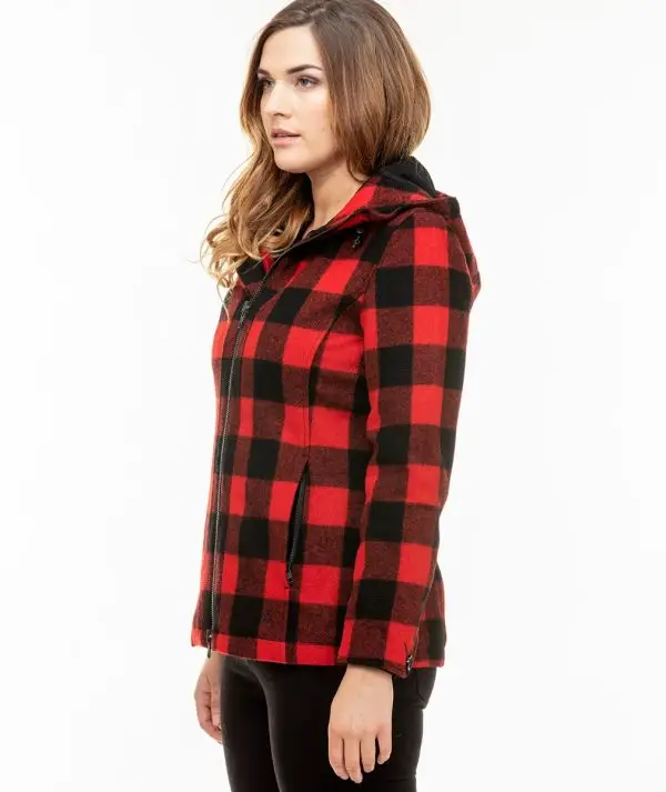 Swanndri Women's Seattle Wool Hoodie in Red/Black Check. Item number: SW244796W. Order yours from Outback Clothing Co today for the perfect mid-weight jacket and winter warmer.