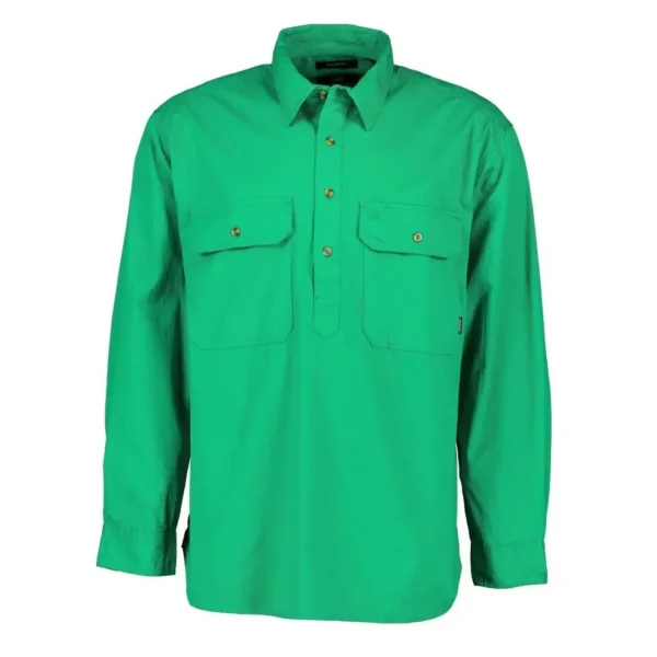 Swanndri Men's Bendigo Half Button Long Sleeve work shirt with double breasted button pockets. 100% cotton, 152gsm Oversized chest pockets with button flaps Relaxed fit Shoulder pleats Pen slot left pocket Centre back box pleat Half placket button opening Embroidered Swanndri logo Colours: Electric Blue, Green. SS18217M