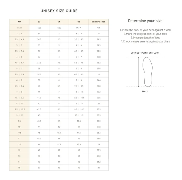 Rossi Unisex Size Guide in AU, EU, UK, US & CMS including how to measure your foot.