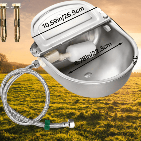 Automatic Animal Drinking Water Bowl With Float Valve, 304 Stainless Steel Kit Includes Bowl, Pipe, Valve, Quick Connector Adapter And Countersunk Bolts. (Auto-Filling) with Dimensions illustrated on a farm field background.