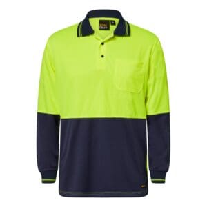 Work craft Hi Vis Long Sleeve Polo w/Pocket WSP202 Yellow/Navy Front View. The shirt has long sleeves, a pocket over the breast and a collar with two buttons around the neck. The cuffs are ribbbed in Navy blue colour.