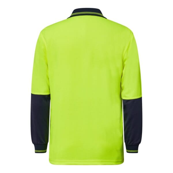 HIVIS TWO TONE POLO POCKET- LS WSP202 Yellow Back of shirt with collar. The top half of the sleeve is Yellow with the bottom half of the sleeve in navy blue. The sleeves are ribbed in navy.