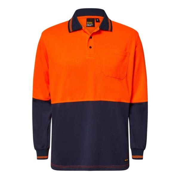 HIVIS TWO TONE POLO POCKET- LS WSP202 Orange/Navy Front of shirt with collar and two buttons around the neck. The top half is orange with the bottom half of the shirt and sleeve in navy blue. The sleeves are ribbed in navy.