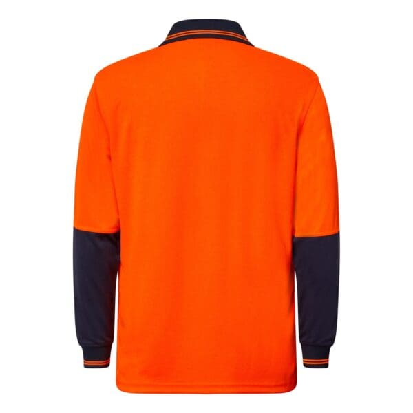 HIVIS TWO TONE POLO POCKET- LS WSP202 Orange Back of shirt with collar. The top half of the sleeve is orange with the bottom half of the sleeve in navy blue. The sleeves are ribbed in navy.