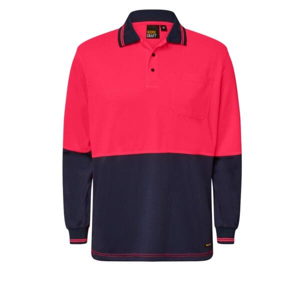 HIVIS TWO TONE POLO POCKET- LS WSP202 Pink/Navy Front of shirt with collar and two buttons around the neck. The top half is orange with the bottom half of the shirt and sleeve in navy blue. The sleeves are ribbed in navy.