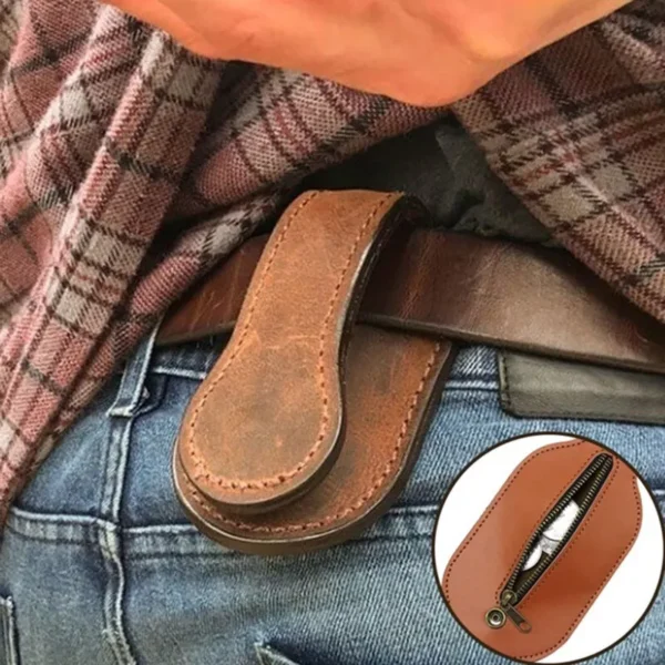 Tan Leather Medication or Coin Purse Belt Wallet. A small brown leather coin pouch attached to a belt loop on a pair of blue jeans, worn with a flannel shirt. The pouch features detailed stitching and a zippered pocket for secure storage.